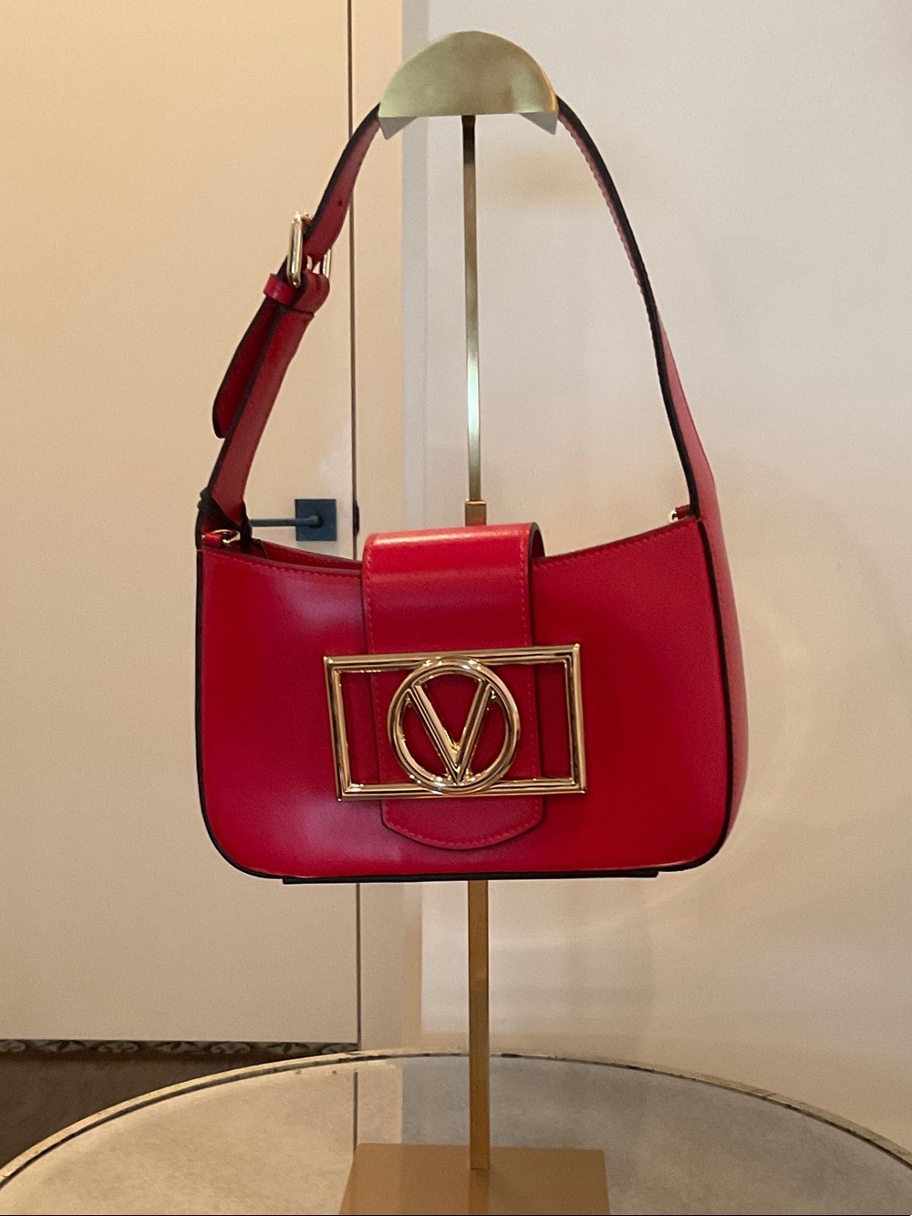 Valentino Red Leather Shoulder Bag with Gold V-Frame